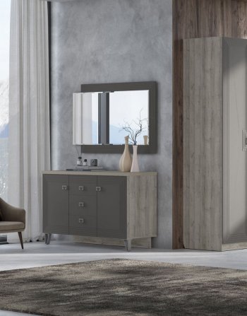 Комод 2дв, 3ящ Лежер КМ-3103 дуб серый/холст вулканический(СанТан) в Серове - serov.mebel-e96.ru